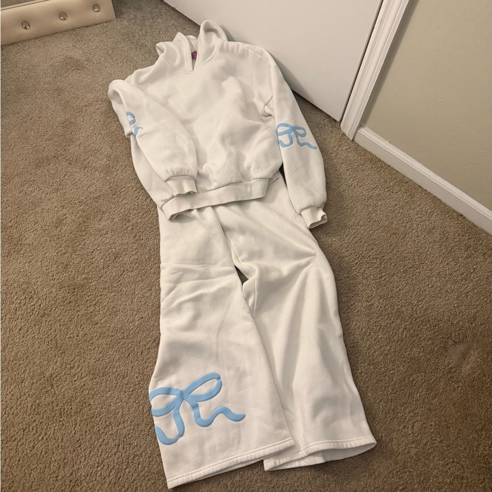 Edikted White Hoodie and Sweatpants Set with Light Blue Script Details